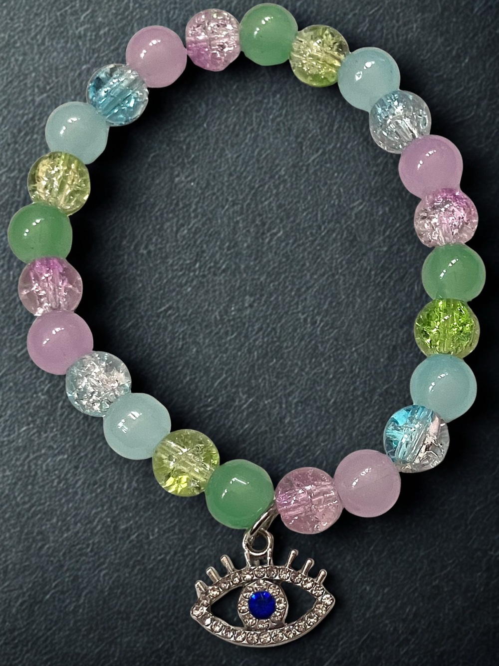 Silver All Seeing Eye Charm/ pink, green, purple glass beaded bracelet handmade